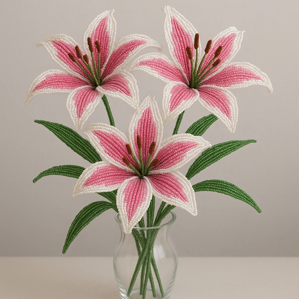 three french beaded stargazer lilies with pink petals and white edges, arranged in a clear glass vase, intricate beadwork details, realistic floral composition emoji