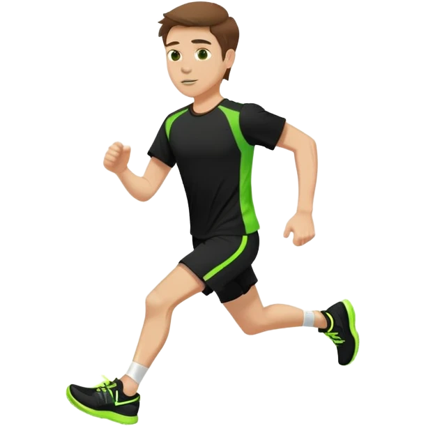 White male brown hair wearing black t shirt and black short with neon green running shoes running emoji