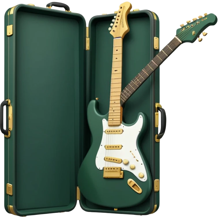 minimalist electric guitar in dark green, closed inside a black rectangular hard case with gold latches, soft matte textures, simplified details, ready-to-play symbol emoji