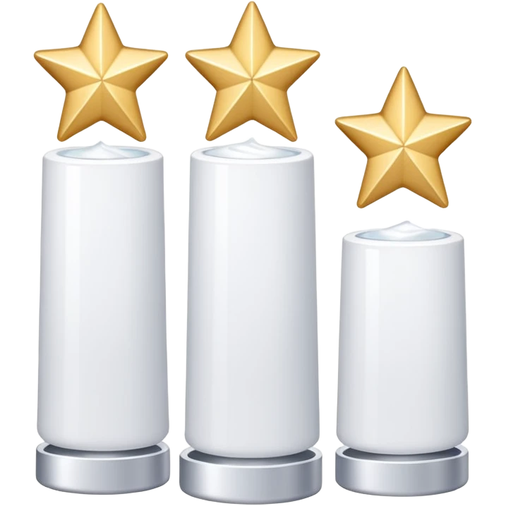 three white standing beauty products, mini stars around emoji
