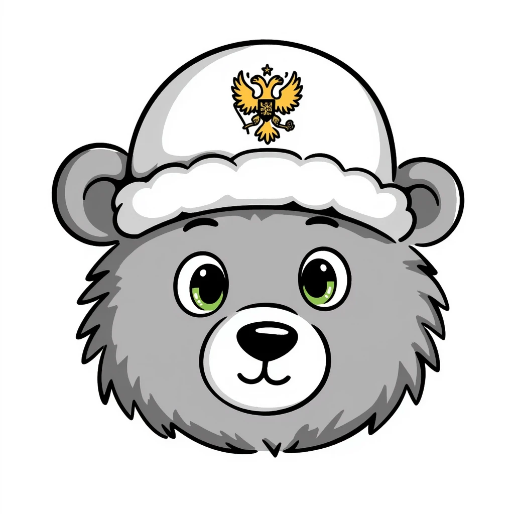Cute grizzly bear face with green eyes, wearing a white fur hat with golden Russian coat of arms in the middle emoji