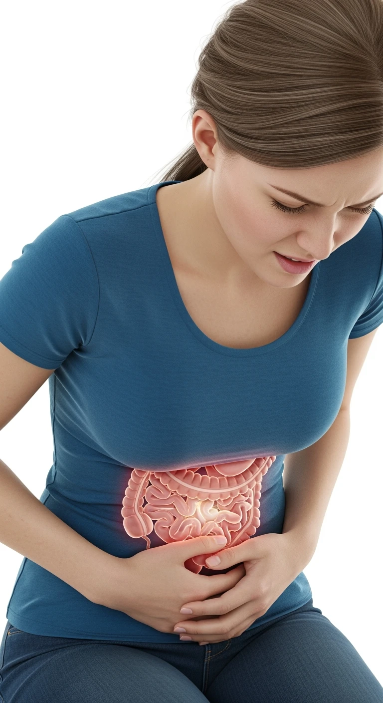 donna piegata in avanti frontalmente con mal di pancia, espressione di dolore in volto in primo piano e intestino anatomico in evidenza, iperrealistico 4k, sfondo bianco emoji