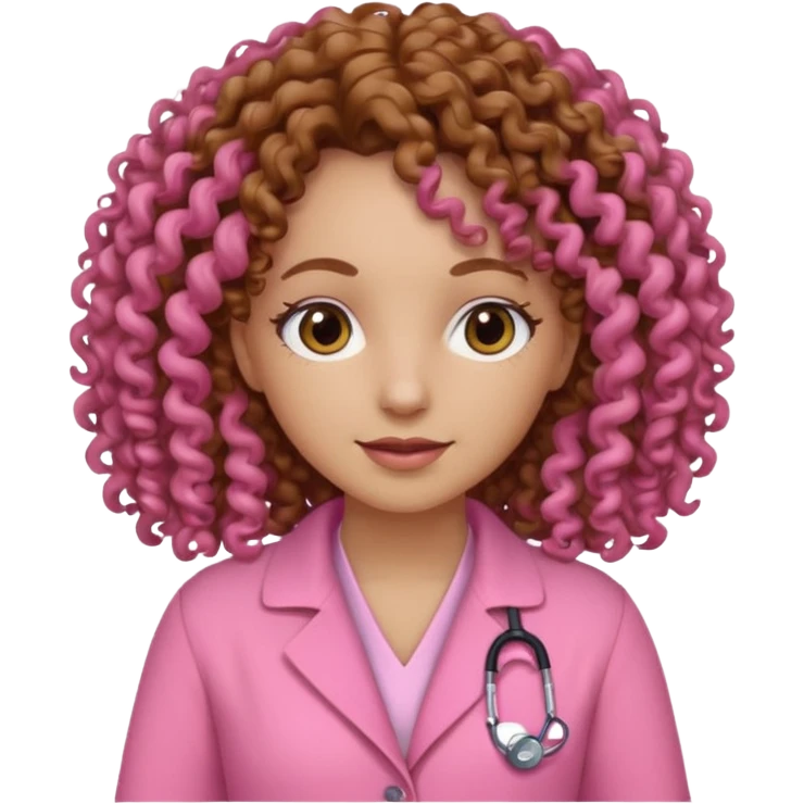 médica, cabelo castanho, pele branca, cabelo cacheado, roupa rosa emoji
