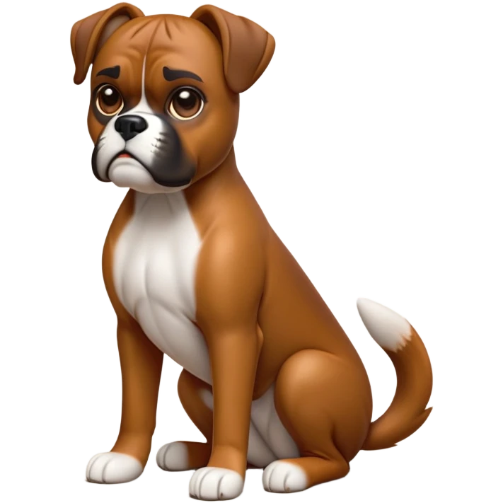 cinematic-[boxer dog]-realistic-full-body-sitting-emoji,-tail-resting-loosely-beside-its-paws,-head-tilted-dramatically,-sleek-[brown]-fur,-simplified-yet-realistic-focused-features,-highly-detailed,-glowing-with-an-almost-sarcastic-glow emoji