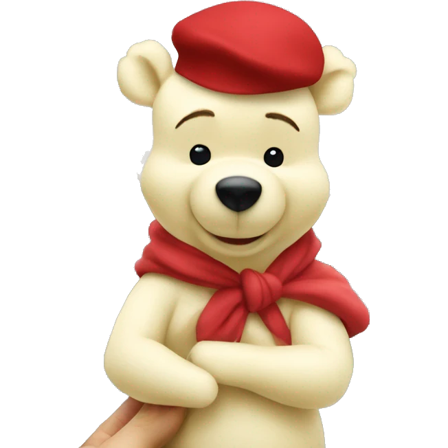 white winnie the pooh, parisien style with red beret on hair and baguette 🥖  on arms, eiffel tower in background emoji