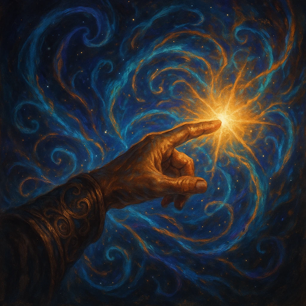 fantasy hand pointing outward with magical energy and a bright light at the fingertip, no text, fantasy style, not apple emoji style emoji