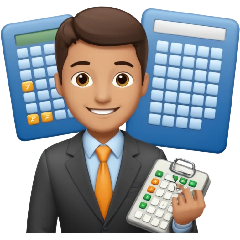 male aUDITOR smiling with spreadsheet and a calculator, emoji, ADD A puzzle and a Balance for accounting emoji