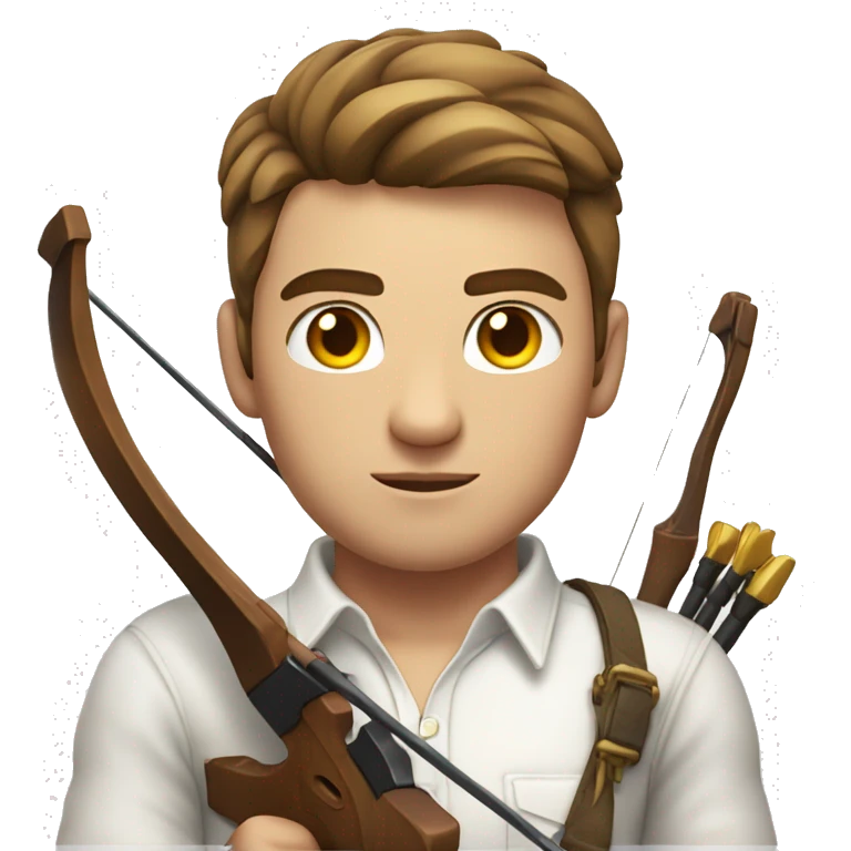 a male, aiming with a bow, facing  his target, eyes closed, wearing a white shirt, very short brown hair, bright skin, only show upper part of the body from waist up emoji