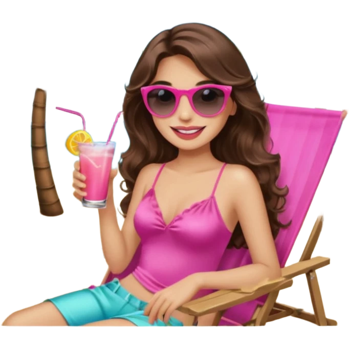girl with long wavy brown hair, brown eyes, long lashes makeup, sexy pink lips, smiling, light to medium complexion, wearing a pink sexy silk top, relaxing in a beach chair, wearing black sunglasses, holding a drink, palm trees beach background  emoji