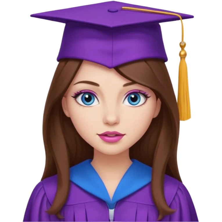 girl with gorgeous long brown hair, blue eyes, long lashes makeup, sexy pink lips, wearing a purple graduation cap and gown emoji