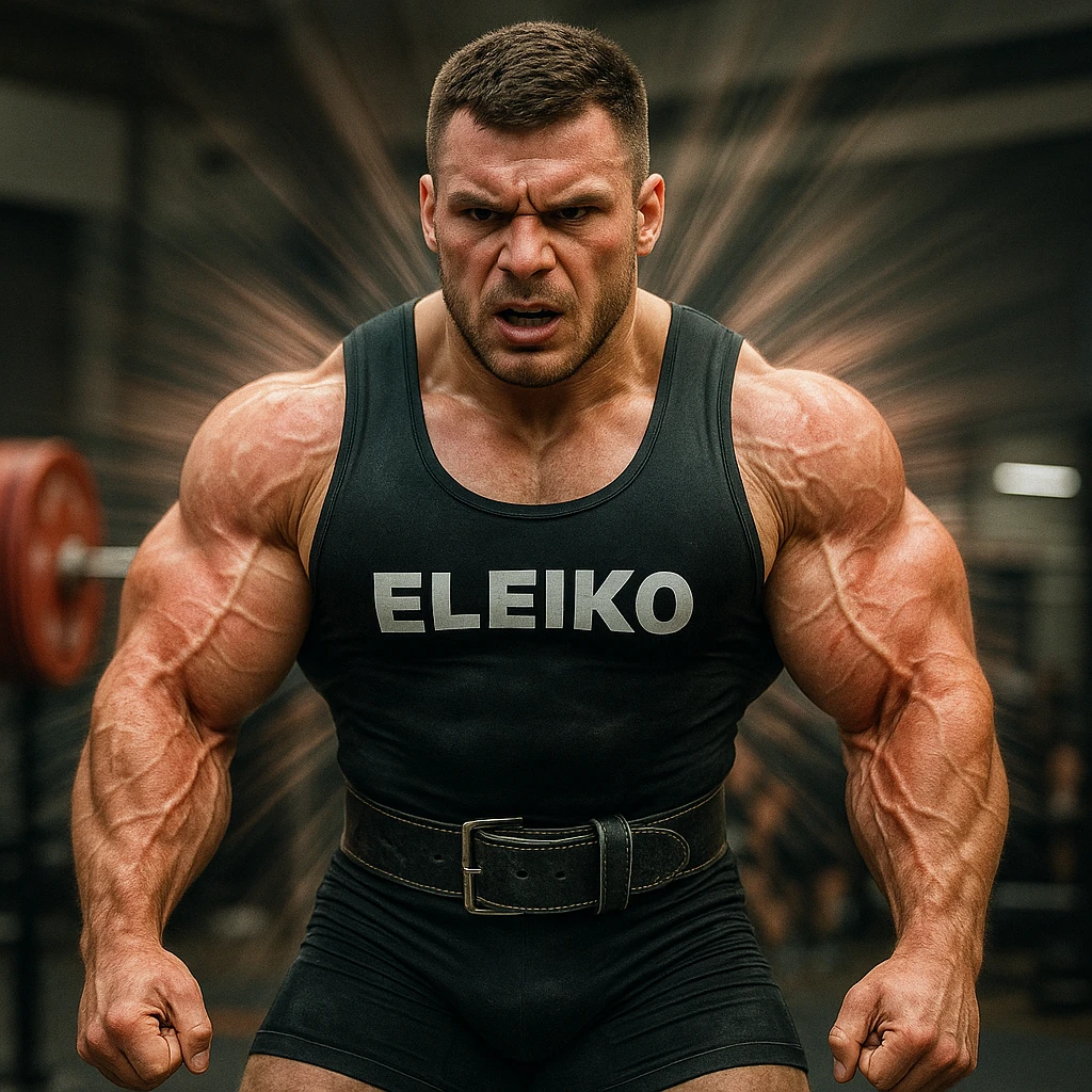 European powerlifter in competition clothing, visibly hypertrophic and growing muscles with expansion visual effect, reddened and inflamed arm tendons, tense atmosphere, realistic details, gym background emoji