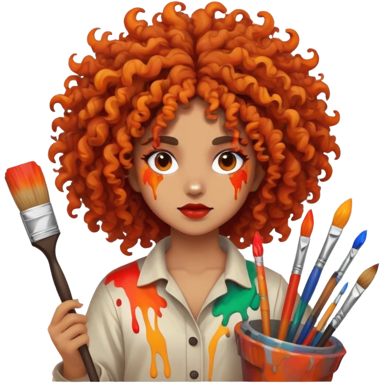 Artistic character with crazy wild hair, creative chaotic vibes, holding paint brushes and surrounded by intense fiery artwork emoji