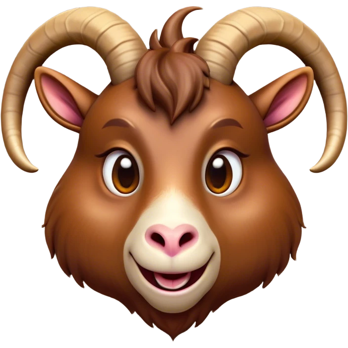 Cinematic Comical Brown Goat Portrait Emoji, Head tilted dramatically with an exaggeratedly amused expression, featuring a sleek brown fur with distinct, quirky curved horns, wide, expressive eyes filled with playful disbelief, Simplified yet hilariously expressive features, highly detailed, glowing with a slightly sassy glow, high shine, dramatic yet playful, stylized with an air of cheeky mischief, bright and endearing, soft glowing outline, capturing the essence of a spirited and over-the-top goat, so meme-worthy it feels like it could side-eye its way into internet fame instantly! emoji