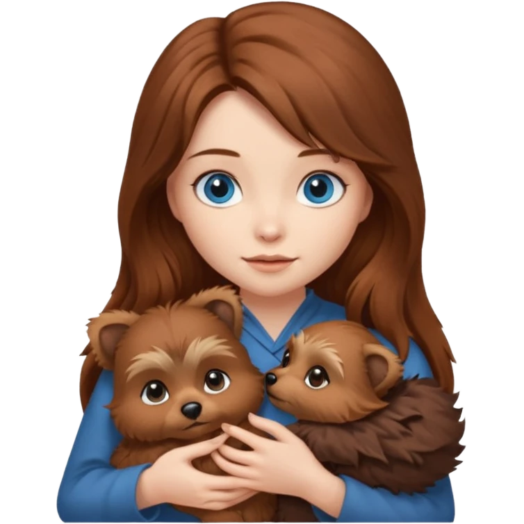 long hair chestnut color blue eyes woman holding small ewok dog emoji