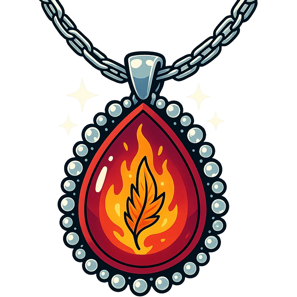 A teardrop ruby pendant with fiery light, a tiny phoenix feather emerging, haloed by shimmering white stones, and a silver chain like liquid moonlight emoji
