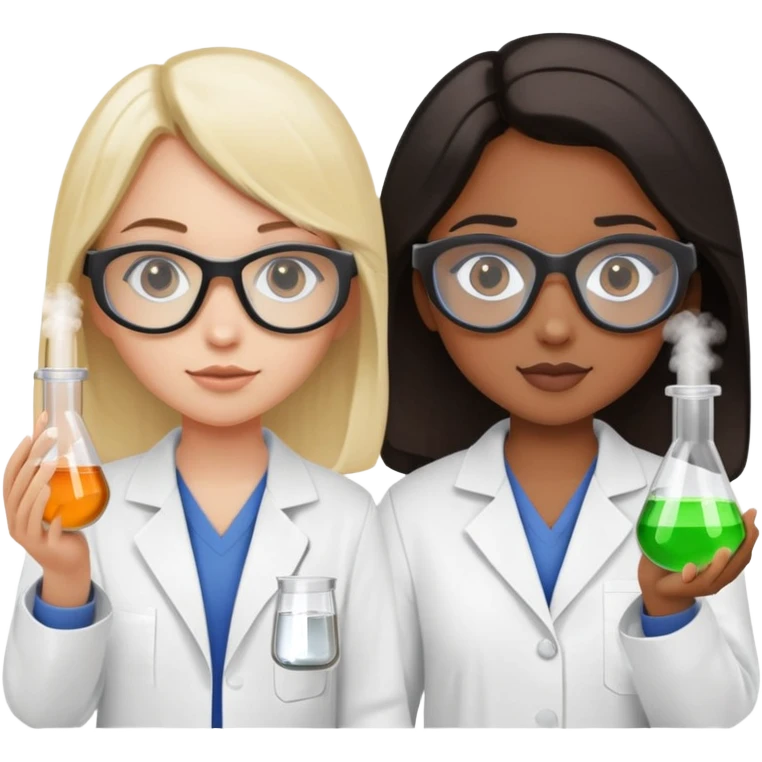 two white blonde girls, one brown girl with long brown hair, and one light black girl with short black hair in lab coats and safety goggles holding beakers and test tubes emoji