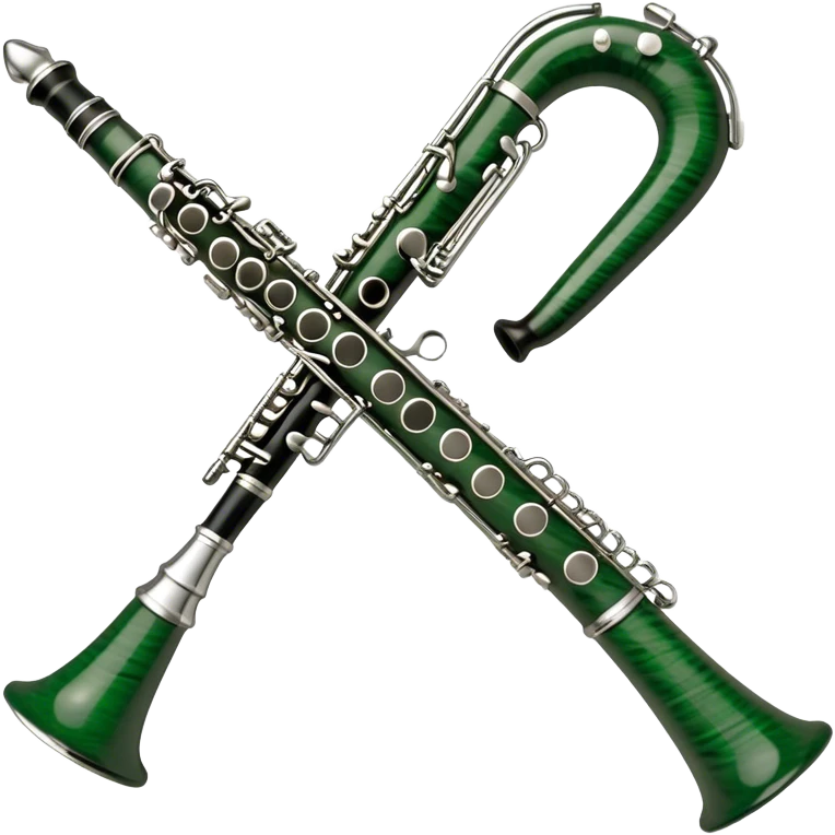 Create an elegant and refined emoji representing the Buffet Crampon Legende Green Line A clarinet. The design should showcase the sleek, dark wood finish of the clarinet with its shiny metal keys and elegant detailing. Include the distinct, high-quality features of the Green Line model, such as the unique greenish tint of the wood, giving it a modern and sophisticated look. Add subtle elements like the mouthpiece with the reed, emphasizing its importance in sound production. Use dark tones like ebony, silver for the keys, and soft light reflections to evoke a professional, classical feel. The background should be transparent. emoji