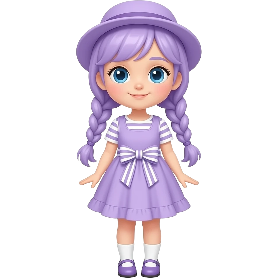 A girl with pale purple hair tied in braids and blue eyes, wearing a pale purple dress with white striped short sleeves and skirt, a pale purple frill, and a pale purple and white striped waist bow, pale purple shoes with white socks, and a pale purple hat. emoji
