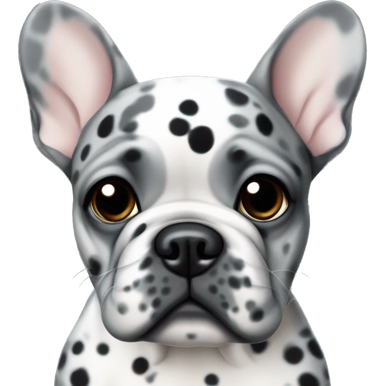 Gray merle French bulldog with black spots and blue eye emoji