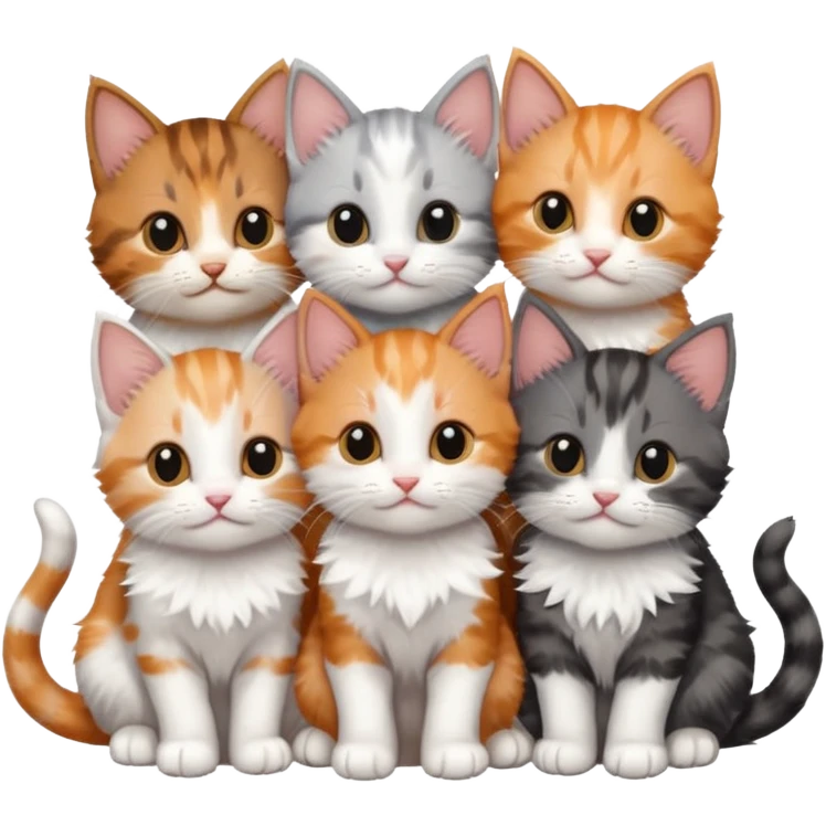 6 tiny kittens cuddling together all different colours, the first one is grey and white, the second is ginger and white and the third is brown tabby and white emoji