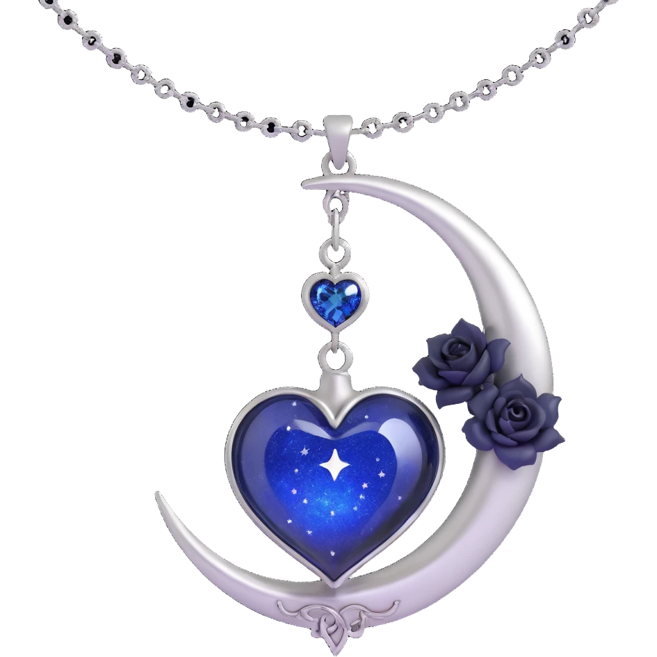 gothic heart, midnight blue glass, silver crescent moon, tiny black roses, shimmering stardust, with a silver chain wrap emoji