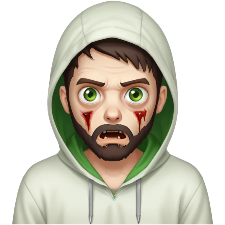 zombie with shocked expression, undercut hairstyle with dark brown hair, short full beard, heterochromia with one green eye and one brown eye, wearing plain white hoodie with hood up emoji