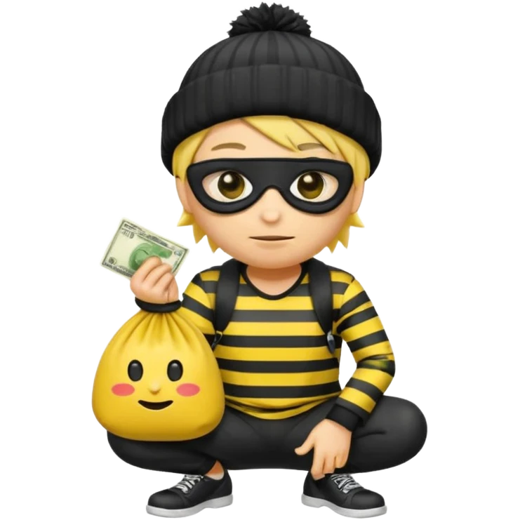 An Apple style rubber emoji is wearing a black beanie and has yellow hair that is spiky but flat hanging out from under it and the robber is wearing a striped shirt and has yellow skin and black eye mask. He also has the money back over his shoulder and is sort of crouching. emoji