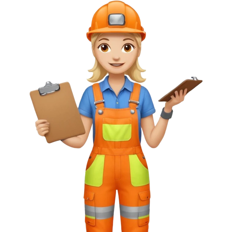 smiling woman in orange hi vis overalls and boots holding a clipboard emoji