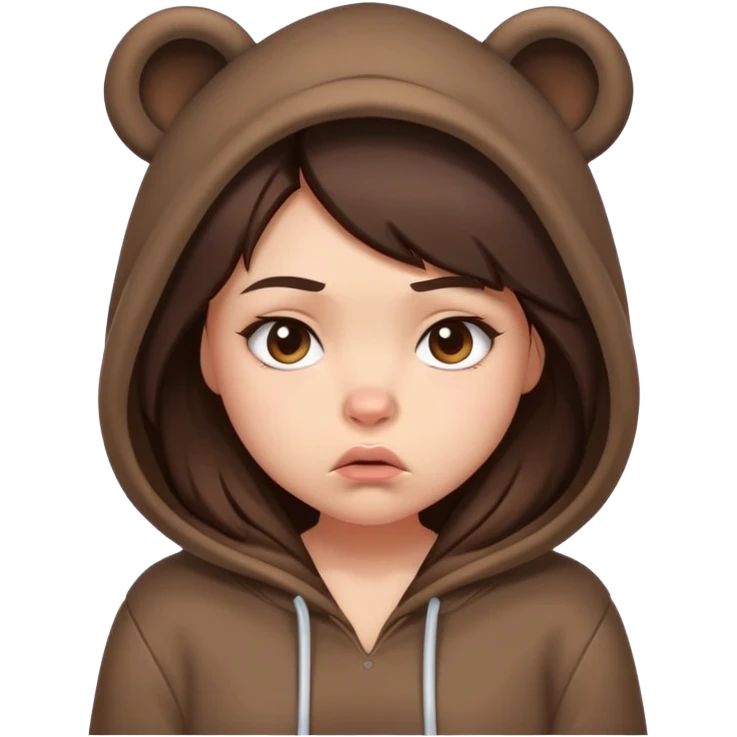 Cute brunette girl in a bear hoodie pouting emoji