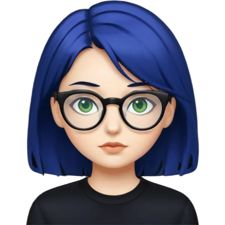 A girl with dark blue hair, glasses and green eyes, wearing black clothes  emoji