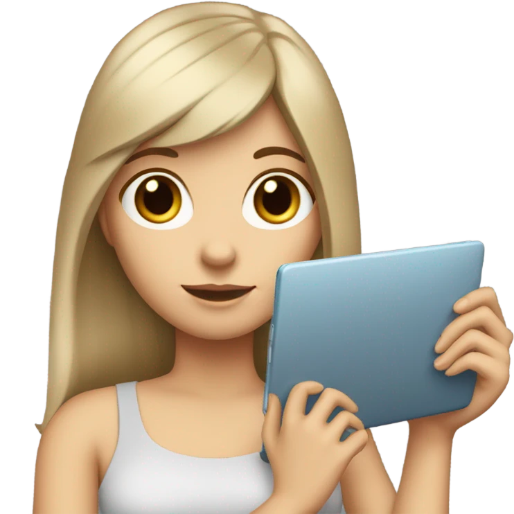 white girl with dark straight long hair and bangs holding a laptop in her hands emoji
