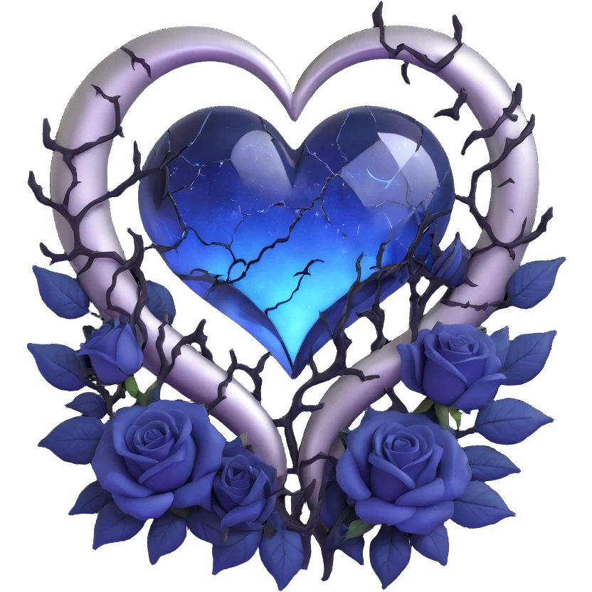 gothic heart, midnight blue glass, silver crescent moon, black roses, stardust, lightning, rain, cracked glass, vaporwave style emoji