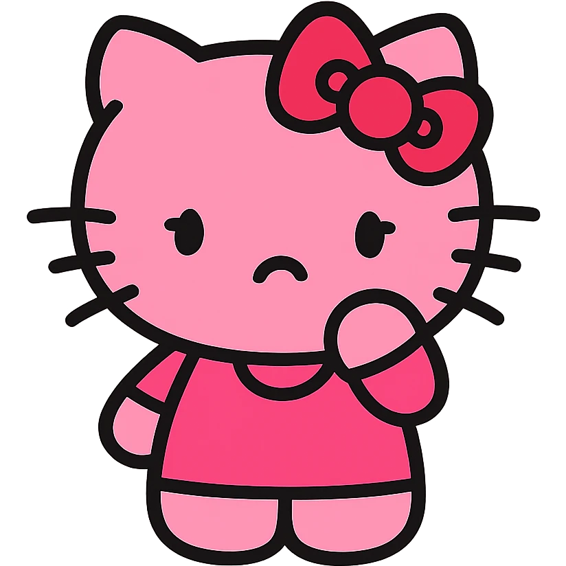 Hello Kitty character, pink color, sad expression, simple and iconic style emoji