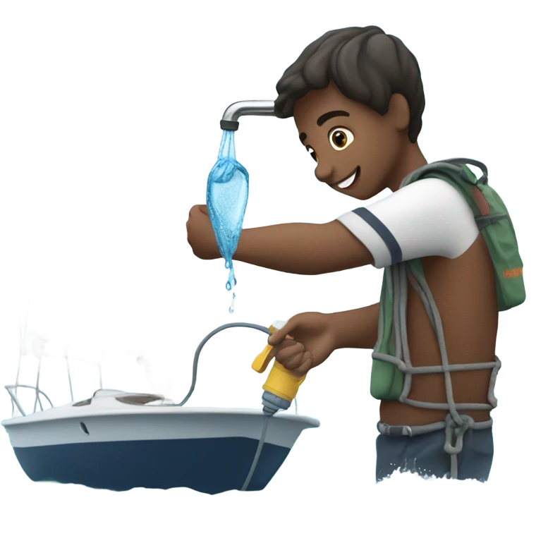 boy pouring water from a hose onto a sailboat  emoji