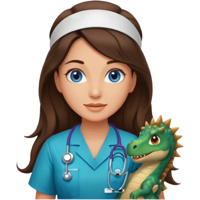 pretty brunette nurse with long hair and blue eyes in dinosaur scrubs emoji