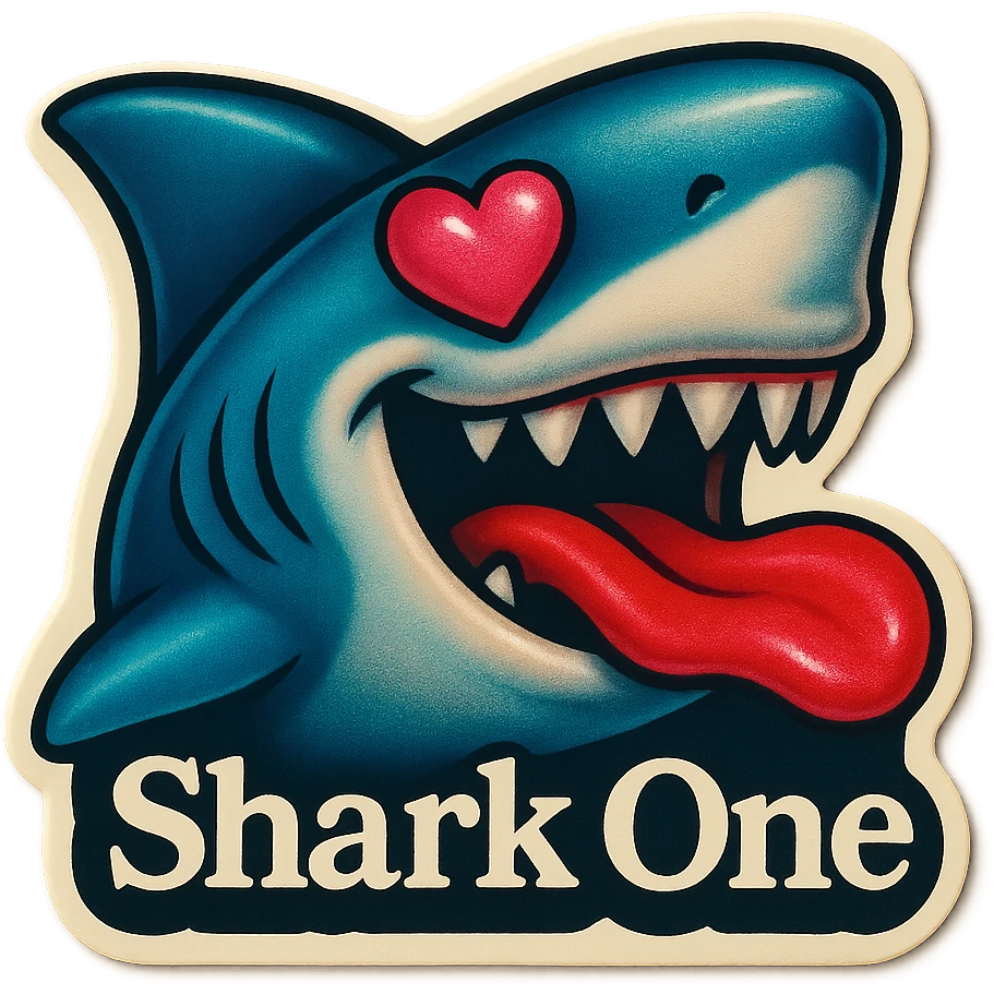 mouth open with tongue out
heart shaped eye
add the words “ Shark One " in White emoji