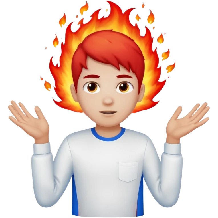 A boy with no hands fire instead made out of red fire and ,blue fire only on a white shirt that the boy is wearing  emoji