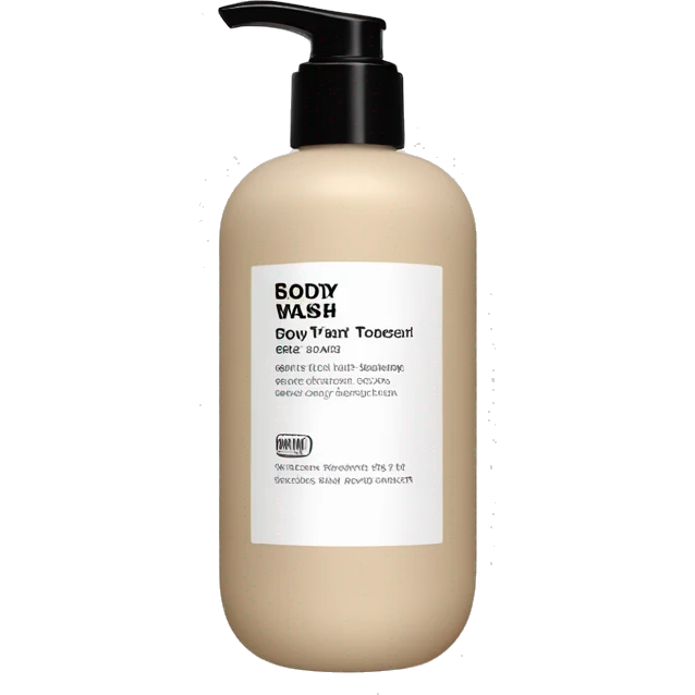 Beige bottle of body wash with a matte black pump top emoji
