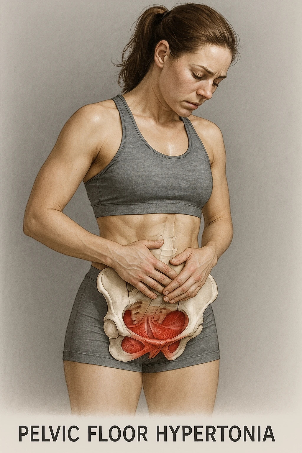 realistic anatomical illustration of a woman in sportswear inspired by reference photo, showing pelvic floor hypertonia: highlighting contracted muscles, medical style, neutral background emoji