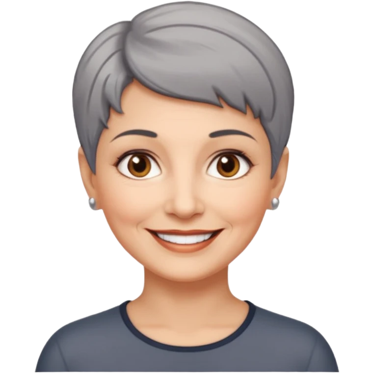 woman 60 years old, shaved short dark grey hair, brown eyes smile emoji