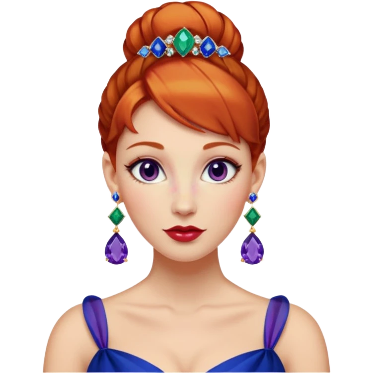 gem lover woman with gem accessories excessive amount very big gem earrings ginger bun hair and redbluediamonds emoji