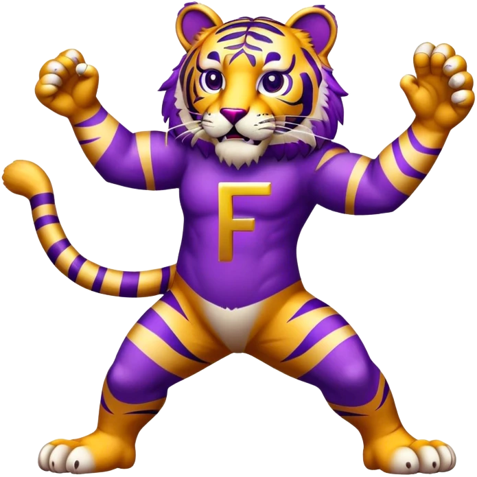 Purple and gold tiger mascot  with letter F  emoji