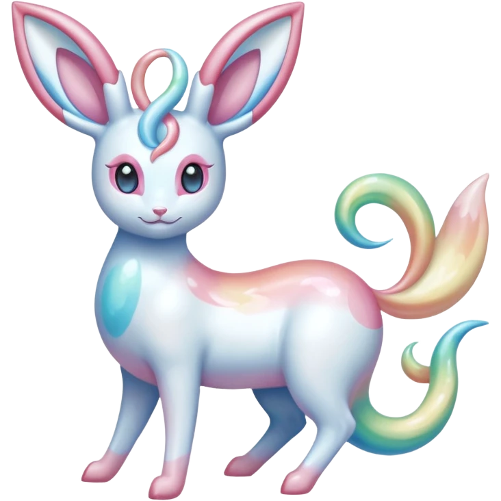 Pearlescent Milky-White Opalescent Rainbow-Tinted Soft-Glowing Celestial Sylveon-Milotic-Cresselia-Fakémon-creature (full body) emoji