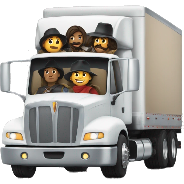 six musketeers driving a semi, no weapons, diverse, male & female, semi truck and trailer emoji
