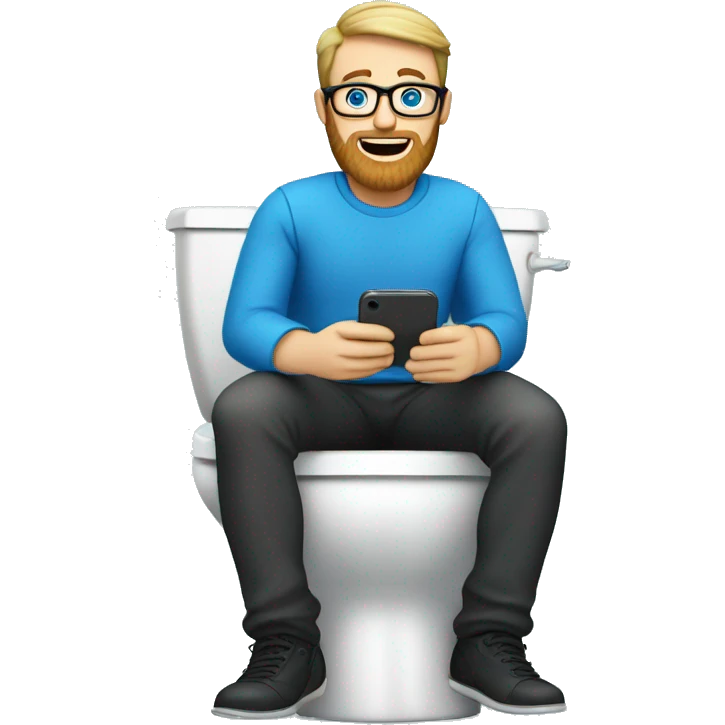 White man with a beard, glasses and blue eyes sitting on the toilet holding a phone emoji