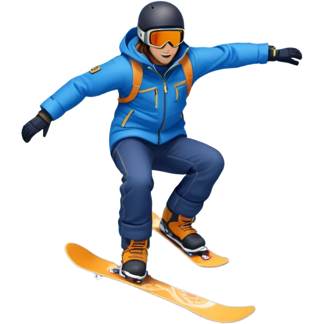 An icon showing a snowboarder performing an exciting jump on a snow-covered slope. The background features towering mountains, snow-covered trees, and a bright, clear sky. Transparent background highlights the speed, agility, and thrill of snowboarding. emoji