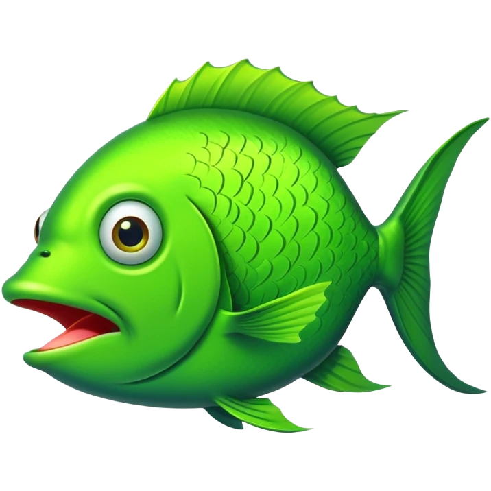 ridiculously stupid bright green fish in side profile facing right, extremely wide eye, gaping mouth open in surprise, looks completely baffled, flat 2D side view only emoji