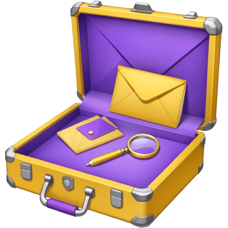 yellow (hex#FFD008) and purple (hex#8C52FF) emojis of a pin, a working case, a folder, a magnifier, an email, an envelope emoji