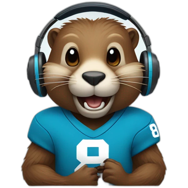 beaver with headphones, two longs front teeths and blue jersey with number 84 emoji