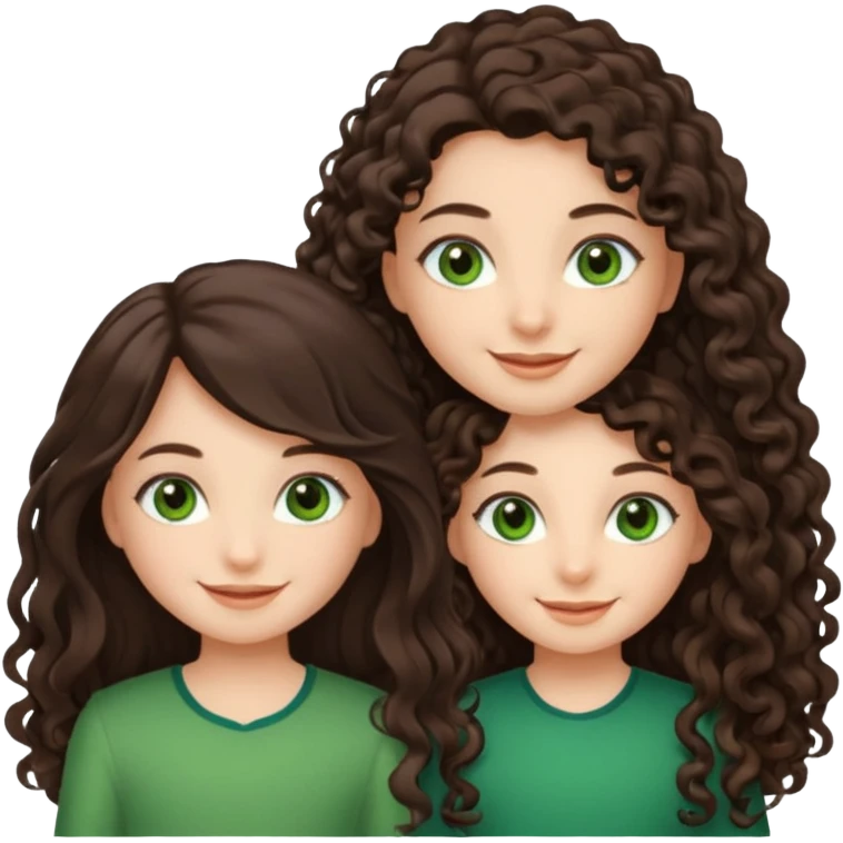 Two moppet girls, 1: long ironed straight darkbrown hair, green eyes, 2: long curly darkbrown hair, brown eyes emoji